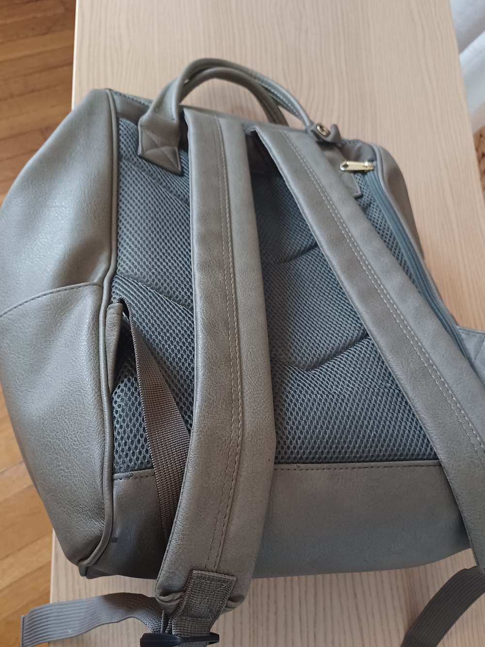 Gray Taupe Faux Leather Vegan Backpack with Front Zip Pocket - Picture 5 of 5